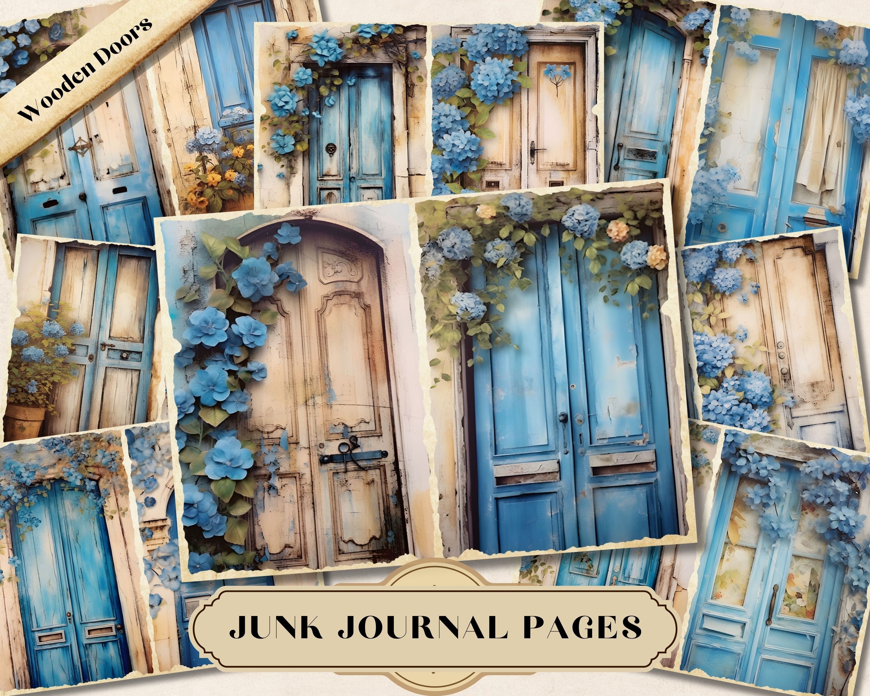 Wooden Doors With Blue Flowers Junk Journal Pages, Digital Mixed Media ...