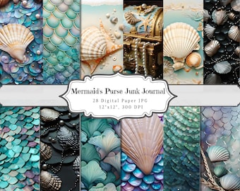 Mermaid Ocean Junk Journal Pages, Underwater Ephemera Kit, 12x12 Marine Scrapbook Paper