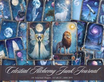 Celestial Alchemy Junk Journal, Cosmic Moon Printable Ephemera, Vintage Space Scrapbooking Collage Sheet, Background Mixed Media Pages ATC