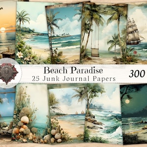 Beach Paradise Junk Journal Kit - 25 Printable Digital Ocean Papers, Shabby Chic Scrapbook Ephemera, Vintage ATC Watercolor Collage Sheet