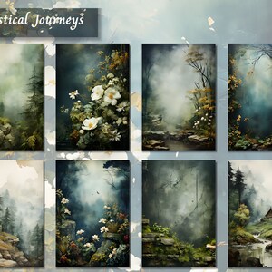May include: Eight digital paintings of mystical forest scenes with fog, trees, and foliage. The title "Mystical Journeys" is at the top of the image.