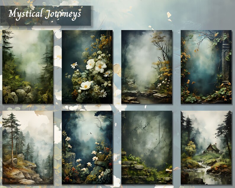 May include: Eight digital paintings of mystical forest scenes with fog, trees, and foliage. The title "Mystical Journeys" is at the top of the image.