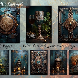 Carta da giornale con nodi celtici, effimeri stampabili con la natura vintage, foglio di collage per scrapbooking di vecchi manufatti, pagina di sfondo con tecniche miste