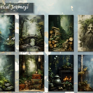 May include: A collection of eight digital paintings depicting mystical forest scenes. The paintings feature a variety of elements, including trees, bridges, streams, and fog. The paintings are all in a similar style, with a soft, dreamy feel.