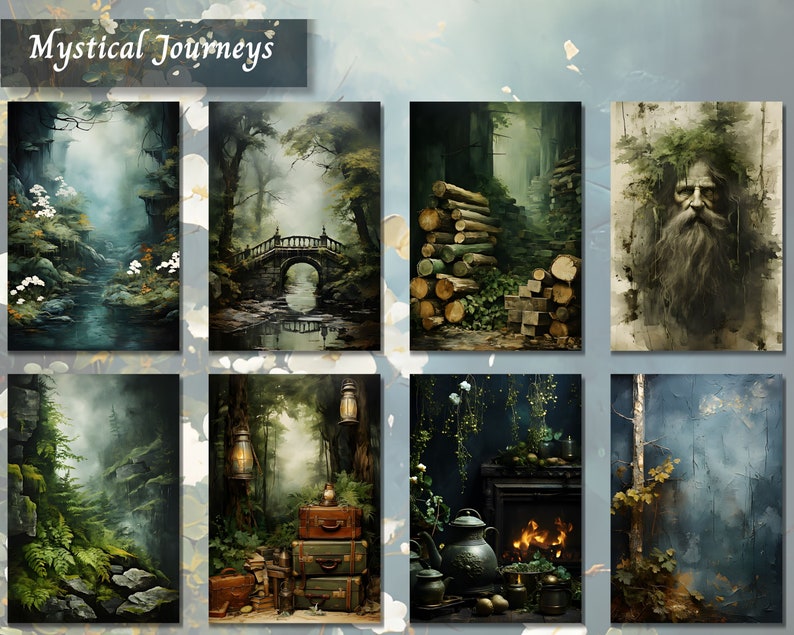 May include: A collection of eight digital paintings depicting mystical forest scenes. The paintings feature a variety of elements, including trees, bridges, streams, and fog. The paintings are all in a similar style, with a soft, dreamy feel.