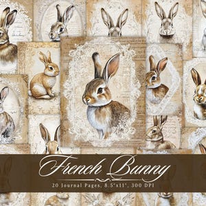 Papel de diário de coelho francês, itens efêmeros vintage para impressão de coelho, folha de colagem de scrapbooking de animais de lebre, páginas de mídia mista de fundo ATC