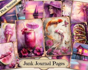 Pink Digital Summer Journal Paper, Vintage Floral Shabby Chic Printable Ephemera, Mythical Scrapbook Collage Sheet, Background Mixed Media