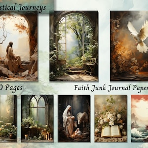 Papier de kit de journal de junk de foi, éphémères d'aquarelle numérique de christianisme, fournitures de collage de scrapbooking shabby Chic, page d'arrière-plan vintage Png