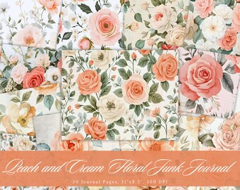 Peach and Cream Floral Junk Journal Page, Flower Printable Ephemera, Vintage Botanical Scrapbooking Collage Sheet, Background Mixed Media