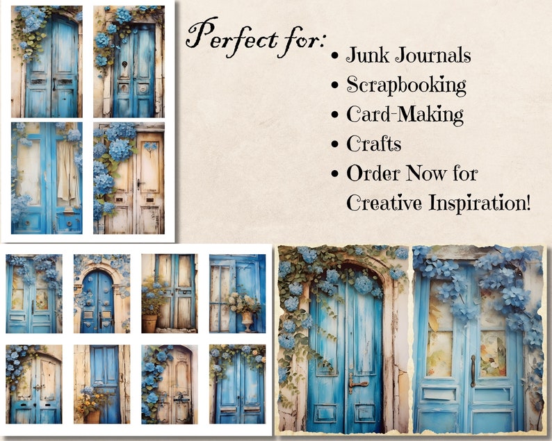 Wooden Doors With Blue Flowers Junk Journal Pages, Digital Mixed Media ...