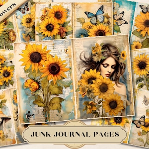 Sunflowers Junk Journal Pages, Vintage Summer Printable Ephemera, Flower Background Scrapbooking, Floral Collage Sheets, Digital Mixed Media