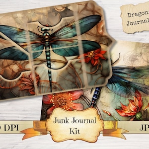 Kit de diário vintage com libélulas: páginas de insetos para impressão, papel digital com libélulas, colagem para scrapbooking, página de fundo com itens efêmeros em JPG