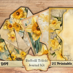 Kit de diário de lixo com três dobras de narciso, coisas efêmeras para impressão de flores botânicas, folha de colagem de scrapbook chique gasto floral de dente de leão, mídia mista