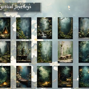 May include: A collection of 12 digital art prints featuring mystical forest scenes. Each print depicts a different magical setting, including a campfire, a waterfall, a lantern, and a tree stump. The prints are perfect for adding a touch of fantasy to any room.
