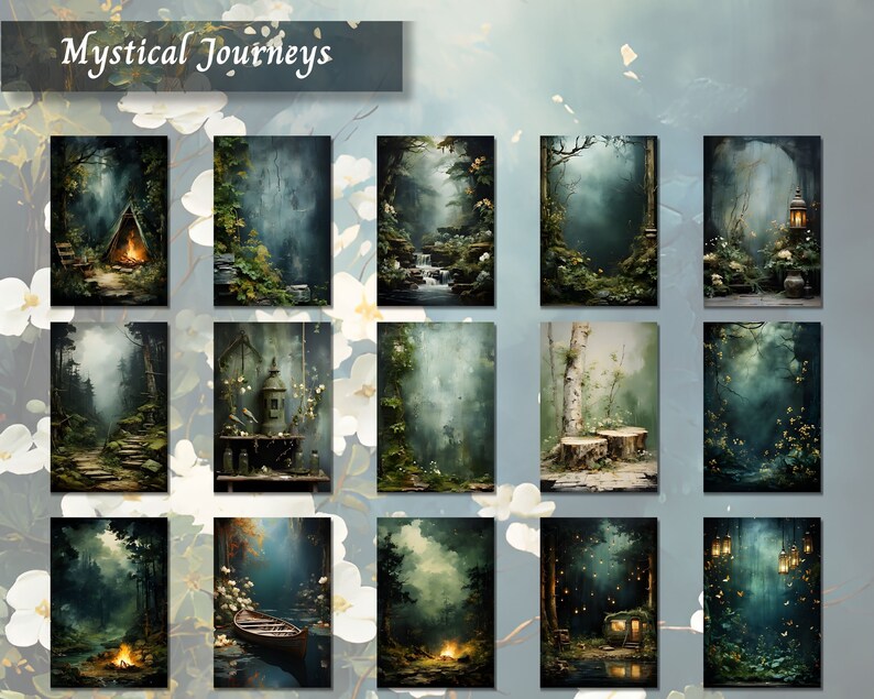 May include: A collection of 12 digital art prints featuring mystical forest scenes. Each print depicts a different magical setting, including a campfire, a waterfall, a lantern, and a tree stump. The prints are perfect for adding a touch of fantasy to any room.