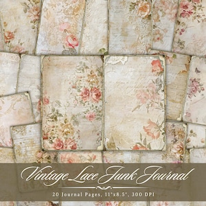 Vintage Spitze Junk-Journal Papier, gealterte druckbare Ephemera Blumenseite, alte Shabby Chic Blumen Sammelalbum Collage Sheet, Hintergrund Mischtechnik