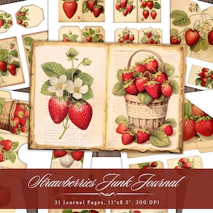 Page de journal indésirable fraises, éphémères imprimables fraises, feuille de collage album d'album d'été vintage, papier technique mixte de fond