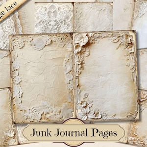 Páginas de diario vintage con encaje, efímeras imprimibles con detalles envejecidos, hoja de collage de scrapbooking antiguo, papel de técnica mixta con fondo beige ATC