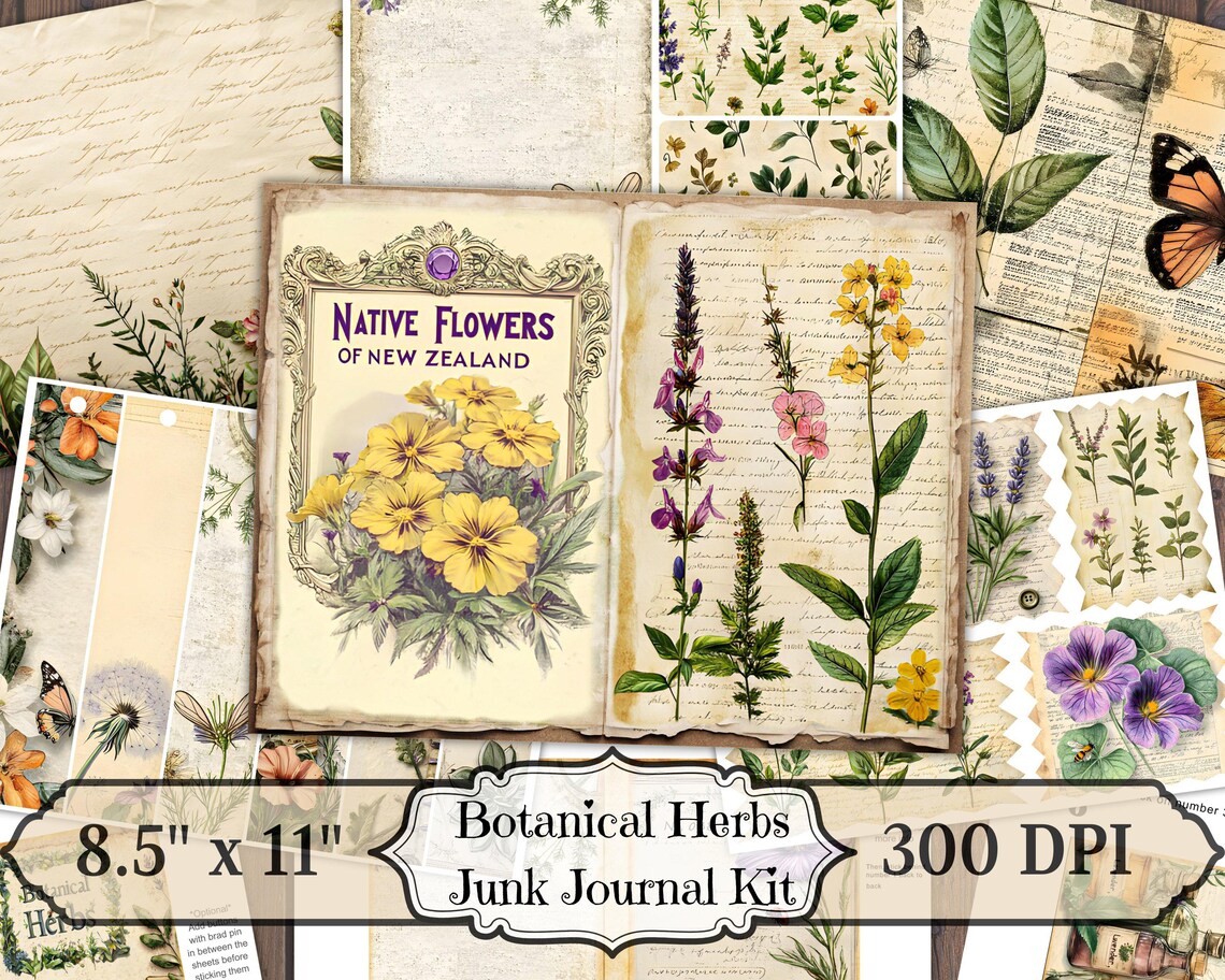 Vintage Botanical Junk Journal Kit, Printable Pages, Floral Ephemera ...