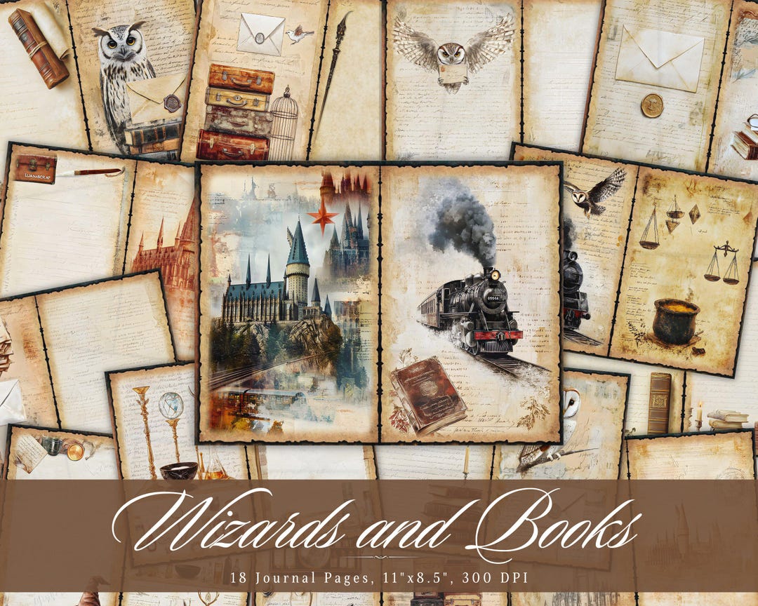 Wizards and Books Junk Journal, Vintage Train Printable Ephemera, Aged ...