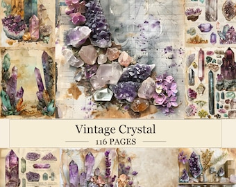 May include: A collection of 116 pages titled Vintage Crystal featuring various illustrations of purple, pink, and clear crystals, amethyst clusters, and floral accents on aged, grid-lined paper backgrounds with some pages showing shelves.