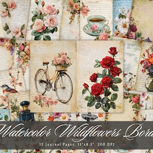 Watercolor Wildflowers Border Junk Journal, Aged Floral Printable Ephemera, Vintage Flower Shabby Chic, Background Scrapbooking Collage Page