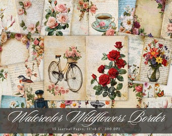 Diario de flores silvestres de primavera, diseño floral vintage de flores silvestres para manualidades de diarios creativos, páginas imprimibles en JPG de alta resolución.