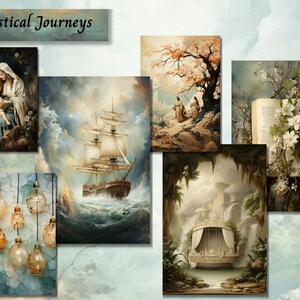 May include: A collage of six paintings depicting mystical journeys. The paintings include a ship sailing on a stormy sea, a woman and child, two figures walking on a path, a bed in a cave, and a book with flowers.