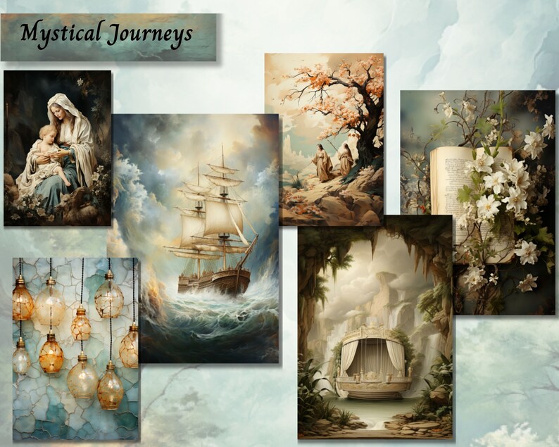 May include: A collage of six paintings depicting mystical journeys. The paintings include a ship sailing on a stormy sea, a woman and child, two figures walking on a path, a bed in a cave, and a book with flowers.