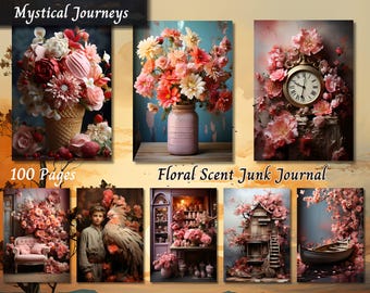 May include: A collage of images featuring floral arrangements and decorative elements. The text "Mystical Journeys," "100 Pages," and "Floral Scent Junk Journal" are visible. The images include flowers in a waffle cone, a jar, and a clock.