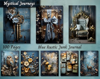 Blue Junk Journal Kit, Floral Digital Paper, Vintage Scrapbook Backgrounds, Something Blue Journal Pages, Commercial Use