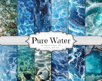 Digitaal papier zuiver water, afdrukbare ephemera oceaan, watereffect scrapbooking collageblad, achtergrond rivier zee gemengde media pagina's ATC