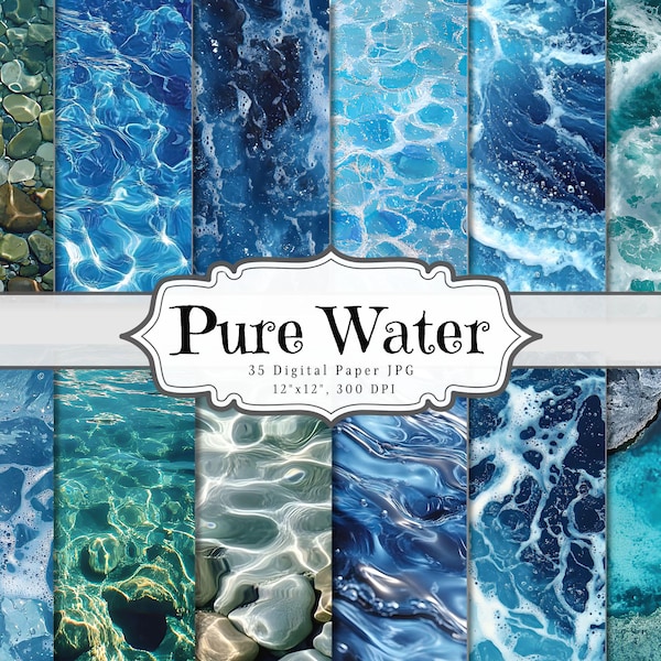 Papeles digitales de agua pura, efímeros imprimibles del océano, hoja de collage para álbumes de recortes con efecto de agua, páginas ATC de técnica mixta con fondo de río y mar
