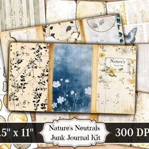 Può includere: Una collezione di elementi di carta in stile vintage per il junk journaling. Il kit include carte decorate, etichette e copertine di diario con disegni floreali, botanici e astratti. La tavolozza dei colori presenta gialli tenui, blu e toni neutri. Il testo sull'immagine recita "Nature's Neutrals Junk Journal Kit".