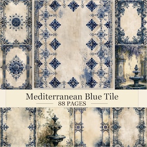 May include: A collection of 88 pages featuring Mediterranean blue tile patterns, ornate floral borders, and fountain illustrations on a weathered beige background. The text Mediterranean Blue Tile 88 PAGES is centered at the bottom of the image.
