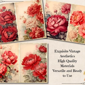 peony collage
red flower junk journal
watercolor red peonies
fabric scraps red peonies
vintage book pages red peonies
lace red peonies
washi tape red peonies
hand painted red peonies