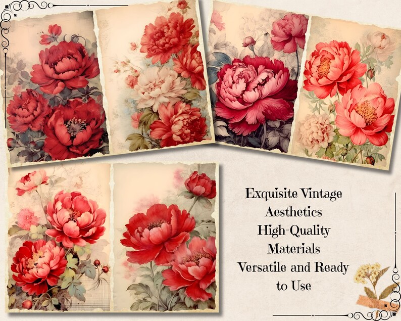 peony collage
red flower junk journal
watercolor red peonies
fabric scraps red peonies
vintage book pages red peonies
lace red peonies
washi tape red peonies
hand painted red peonies