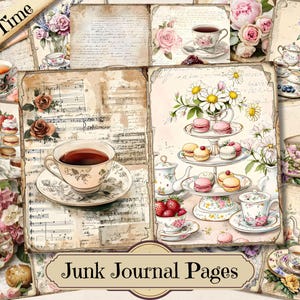 Tea Time Junk Journal Pages, vintage koffie afdrukbare efemere verschijnselen, shabby chic collageblad scrapbooking, achtergrond mixed media papier ATC