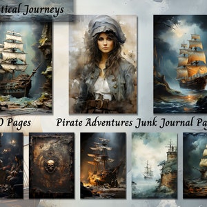Papel de diario basura de aventuras piratas, efímera imprimible de viaje oceánico, tarjeta de scrapbooking marino, hoja de collage vintage, fondo de técnica mixta