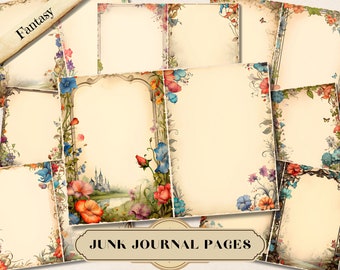 Fantasy Floral Junk Journal Pages, Vintage Border Ephemera Printable, Nature Scrapbook Paper Kit