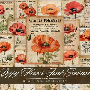 Papel de diário de lixo de flor de papoula, itens efêmeros florais para impressão, folha de colagem de scrapbooking vintage chique e surrado, páginas de mídia mista de fundo ATC