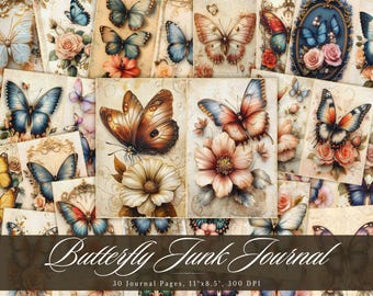 Könnte beinhalten: Eine digitale Collage aus 30 druckbaren Journal-Seiten mit Schmetterlingen in verschiedenen Farben und Mustern. Die Seiten sind im Vintage-Stil gestaltet und beinhalten florale Elemente. Der Text "Butterfly Junk Journal" ist am unteren Rand der Collage zu sehen.