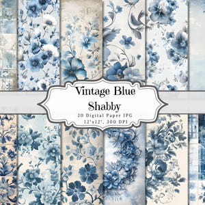 Papier numérique bleu shabby chic, éphémères imprimables fleurs bleues vintage, vieille feuille de collage pour scrapbooking, arrière-plan technique mixte Pages ATC