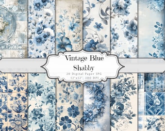 Niebieski papier cyfrowy Shabby Chic, Vintage Blue Flower Printable Ephemera, Stary arkusz kolażu do scrapbookingu, Tło stron do mieszanych mediów ATC