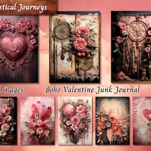Boho Valentine Junk Journal Paper, Pink Love Heart Shabby Chic, Valentines Day Printable Ephemera Page, Vintage Scrapbook Collage Sheet ATC