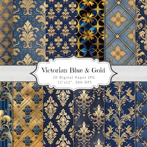 Blue and Gold Digital Paper Pack - Watercolor Abstract & Navy Blue Gold Foil Background for Scrapbooking, Media Printable Ephemera Collage
