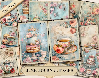 Tea Time Junk Journal, Vintage Floral Tea Party Printable Ephemera, Flower Picnic Food Scrapbook Collage Sheet, Background Mixed Media Page