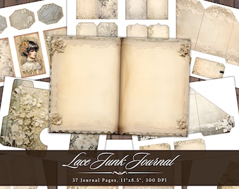 Lace Junk Journal Kit, Vintage Lace Decor Printable Ephemera, Antique Wedding Digital Scrapbook Paper, Beige Collage Sheet Background Page