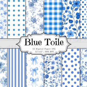 Papel digital Toile azul, efímera imprimible en azul Shabby Chic, hoja de collage para scrapbooking digital, páginas de técnica mixta de fondo ATC