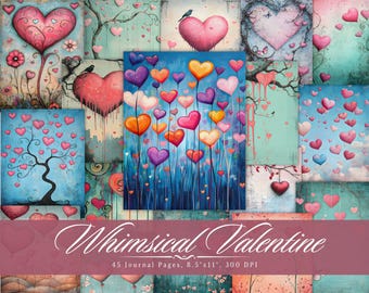 Könnte beinhalten: Eine Collage von Kunstdrucken zum Thema Valentinstag. Die Drucke zeigen herzförmige Ballons, Bäume mit herzförmigen Blättern und verschiedene Herzmotive in Rosa-, Orange- und Lilatönen. Der Text "Whimsical Valentine" ist zu sehen.